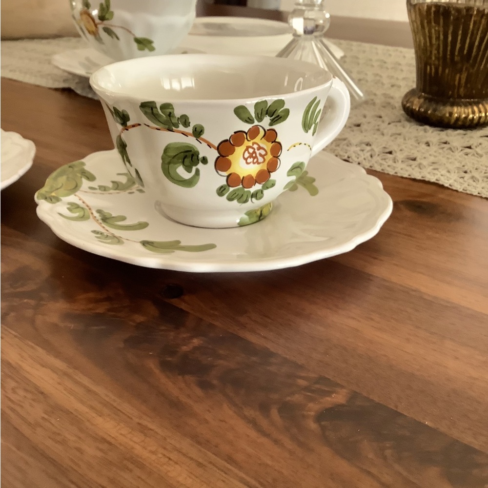 Vintage Cantagalli Italy Hand painted pottery cups and saucers